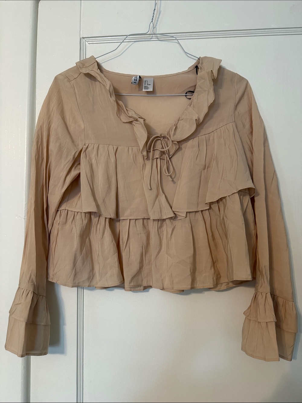 H&M Women's Ruffle Tie-Neck Peasant Blouse - Pink/Beige
